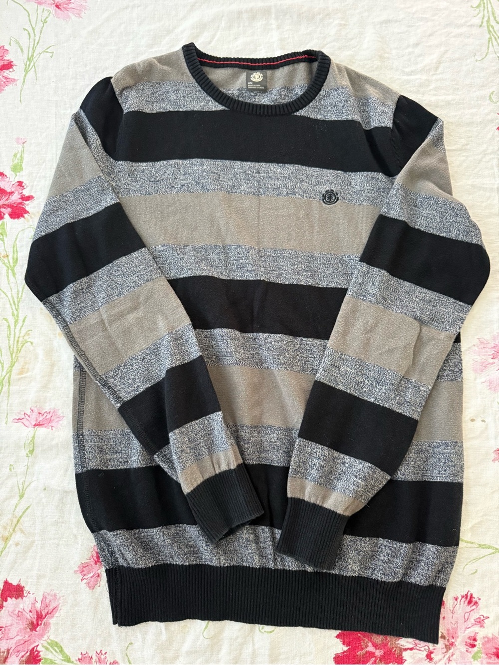 Element Black Gray Beige Striped Knit Crew Neck Sweater Mens M Pullover